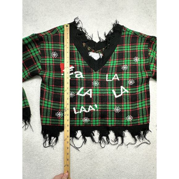 Christmas Sweater Womens Size Large With Love Derek Plaid Crop Off Shoulder - Picture 3 of 6